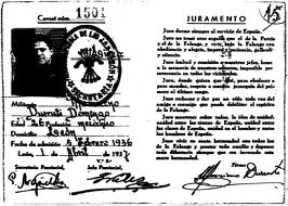 Carnet de Falange de M. Pedro Durruti D.